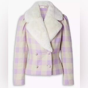 LoveShackFancy Dumont Jacket S Lavender Check Tweed Faux Fur Collar Coat $695